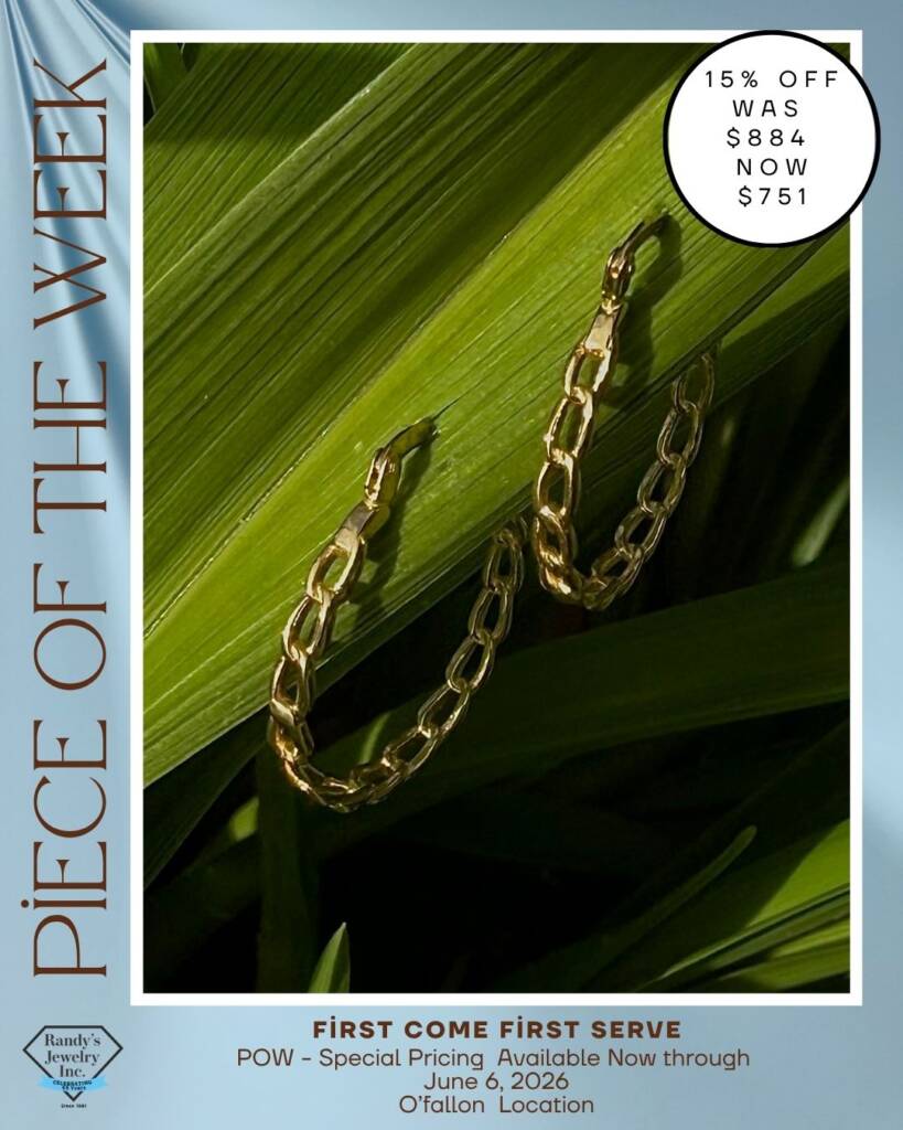 Gold chain necklace draped over green leaves with a white border and a circular sale badge showing 15% OFF, was $884 now $751.