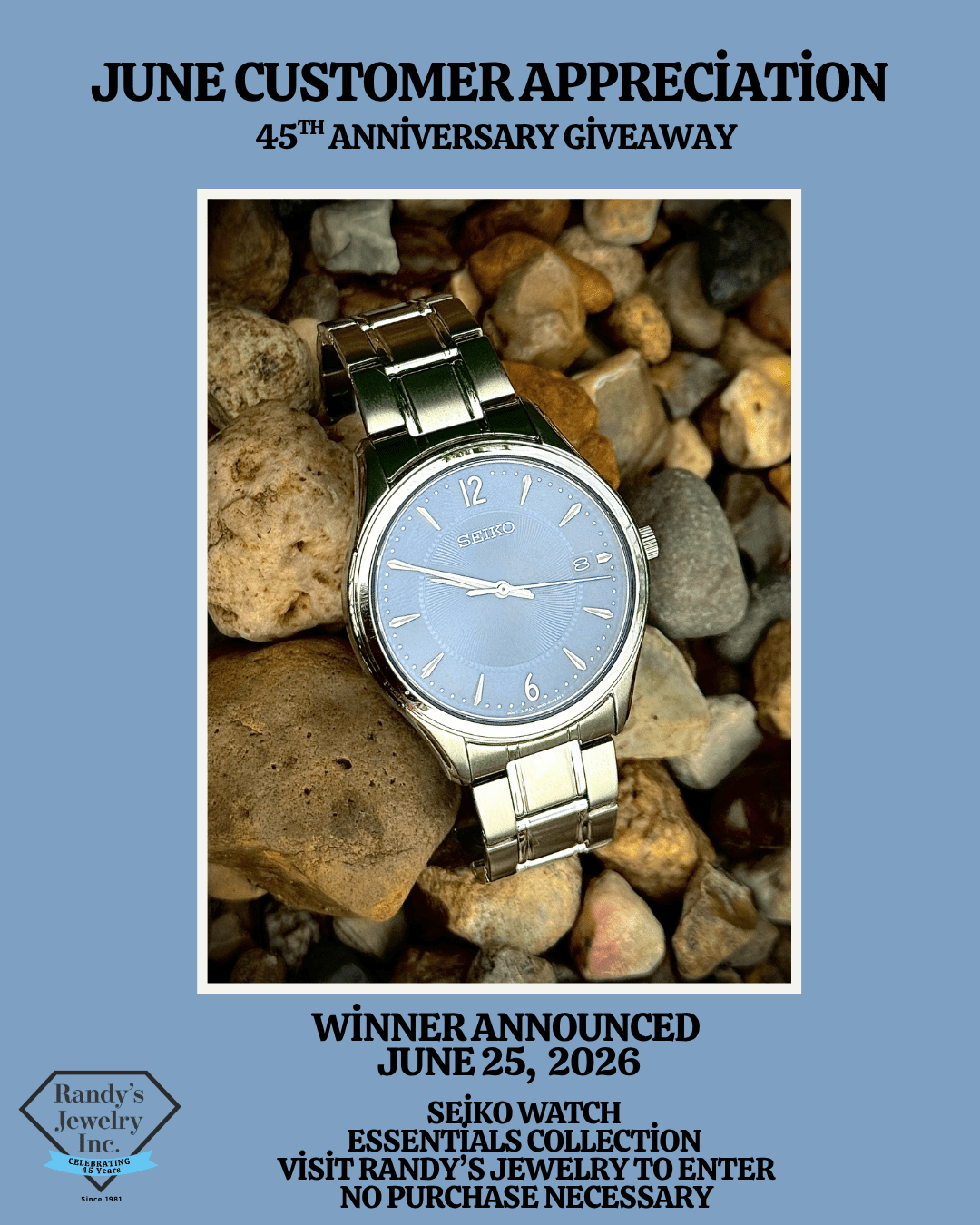 Poster for June Customer Appreciation: a silver Seiko wristwatch placed on rocks; winner announced June 25, 2026.