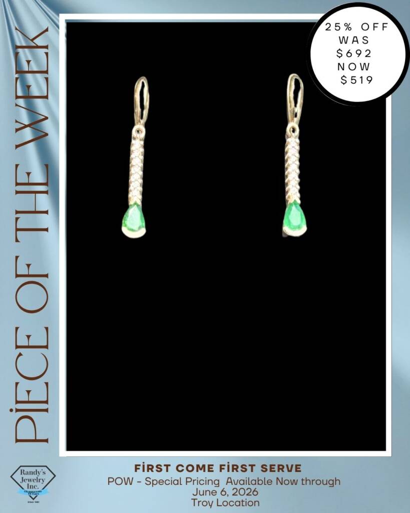 Two gold-tone drop earrings with braided bodies and green teardrop stones, shown on a sale advertisement background.