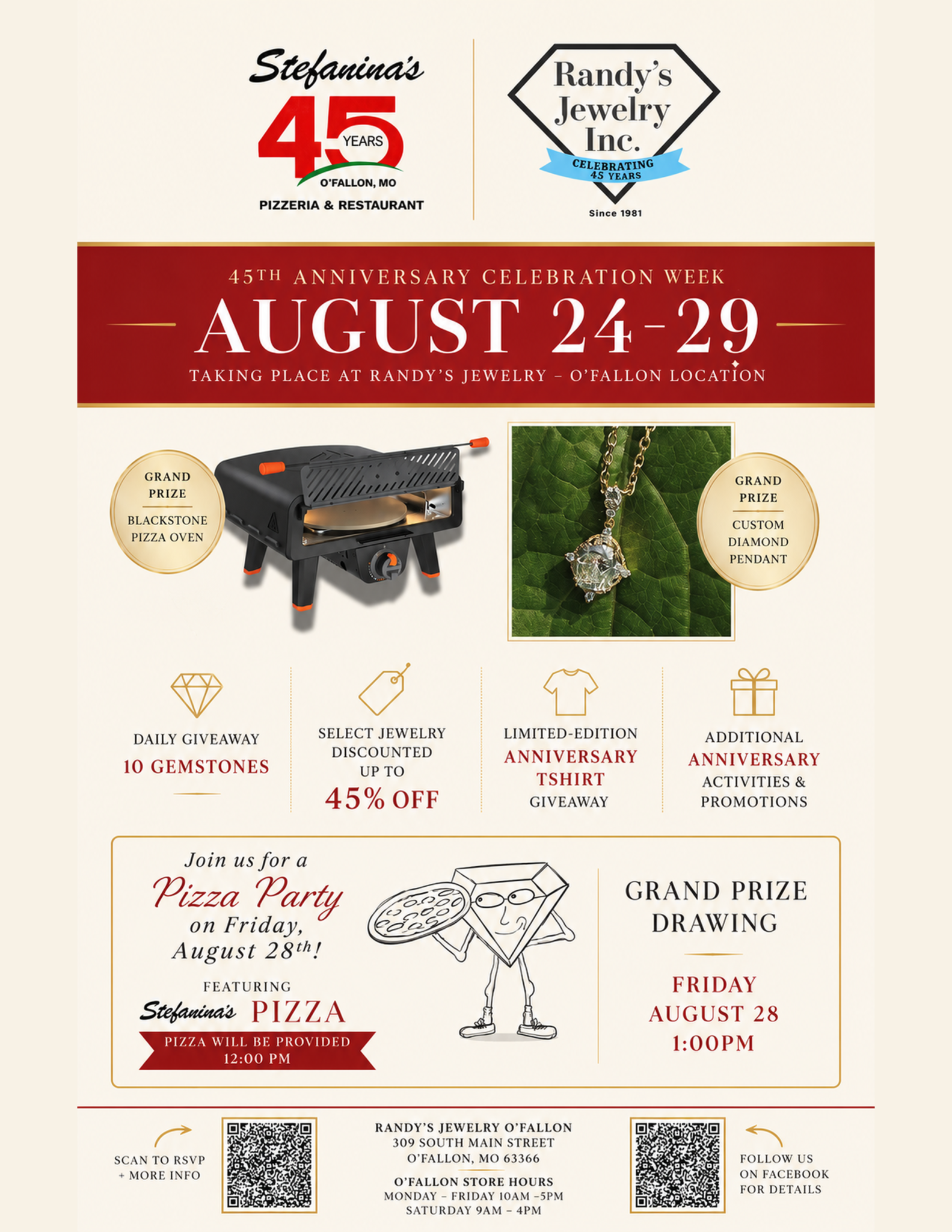 Randys_45th_Anniversary_Flyer_8.5x11_300dpi Promotional banner for Stefania's and Randy's Jewelry celebrating 45 years; August 24–29 event details shown below text area.